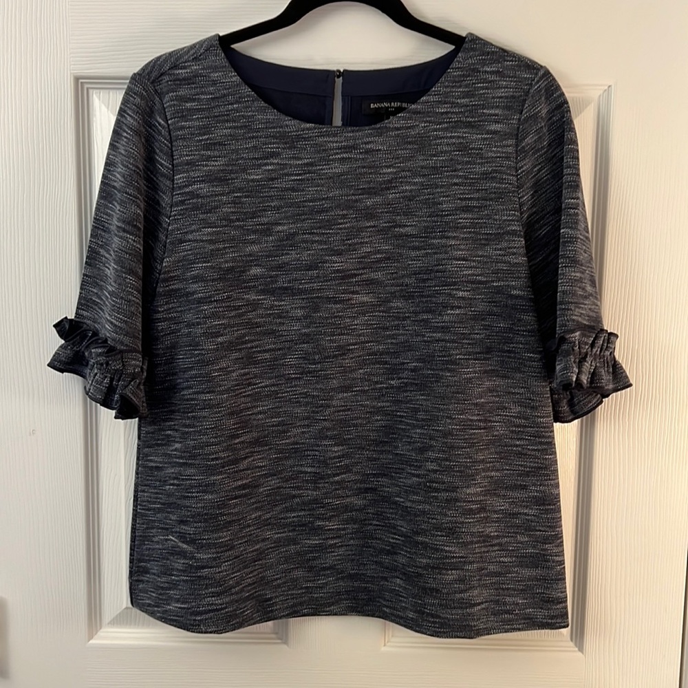 Banana Republic Navy Patterned 3/4 Sleeve Ruffle Top